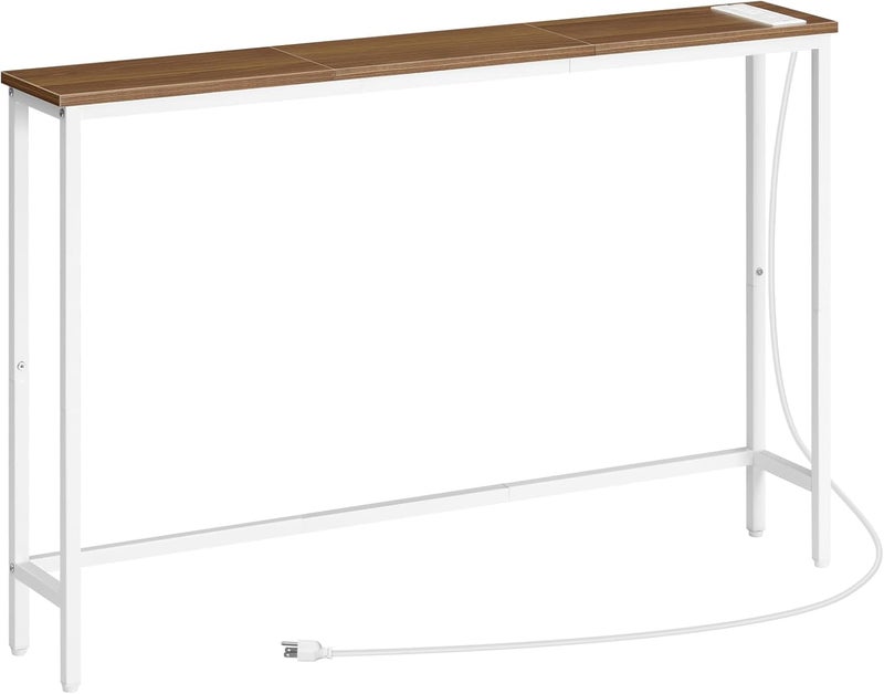 HOOBRO Narrow Console Table with Power Outlets, 44.9 Inches Sofa Table, Slim Behind Couch Table, Entryway Table with Display Shelf, for Living Room, Foyer, Hallway, Walnut and White WH114UXG01 - Image 1